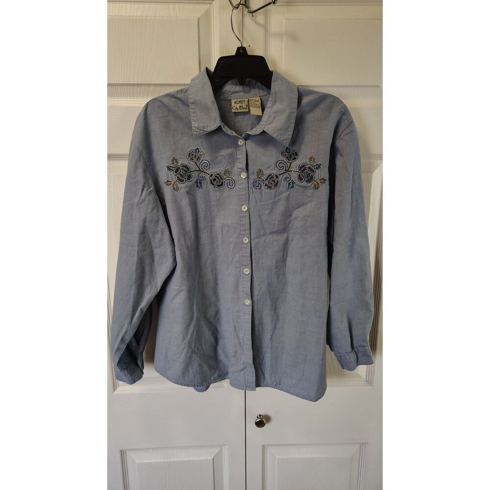 Koret City Blues Button Cottagecore Floral Embroider Blue Long Sleeve Shirt XL